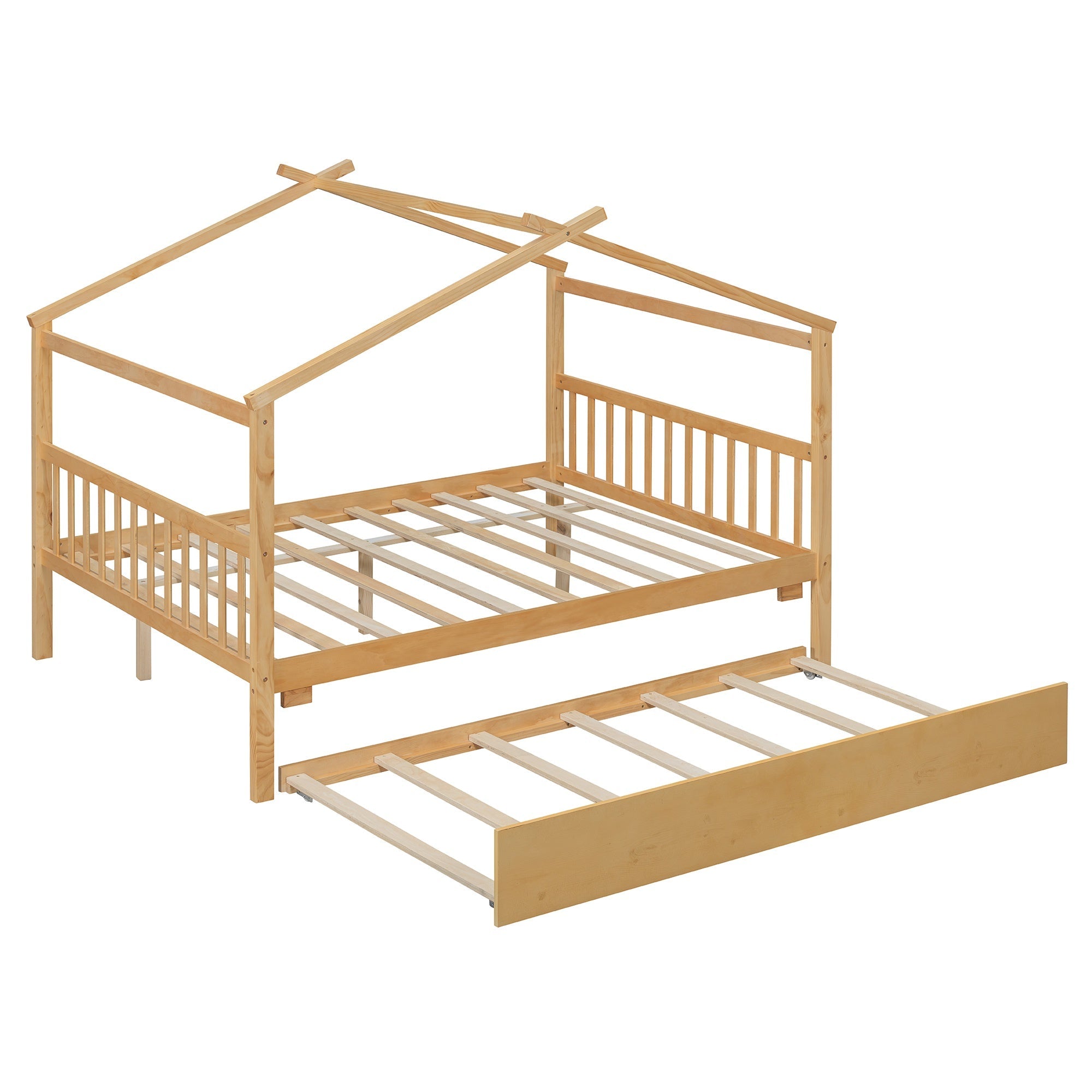 Bellemave® House Bed with Trundle, Montessori House Bed with Roof Design, Wood Daybed Frame, No Box Spring Needed - Bellemave