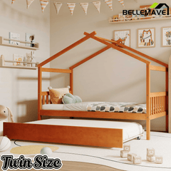 Bellemave® House Bed with Trundle, Montessori House Bed with Roof Design, Wood Daybed Frame, No Box Spring Needed - Bellemave