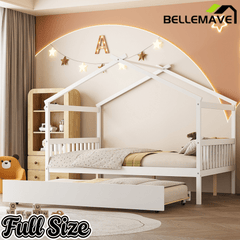 Bellemave® House Bed with Trundle, Montessori House Bed with Roof Design, Wood Daybed Frame, No Box Spring Needed - Bellemave
