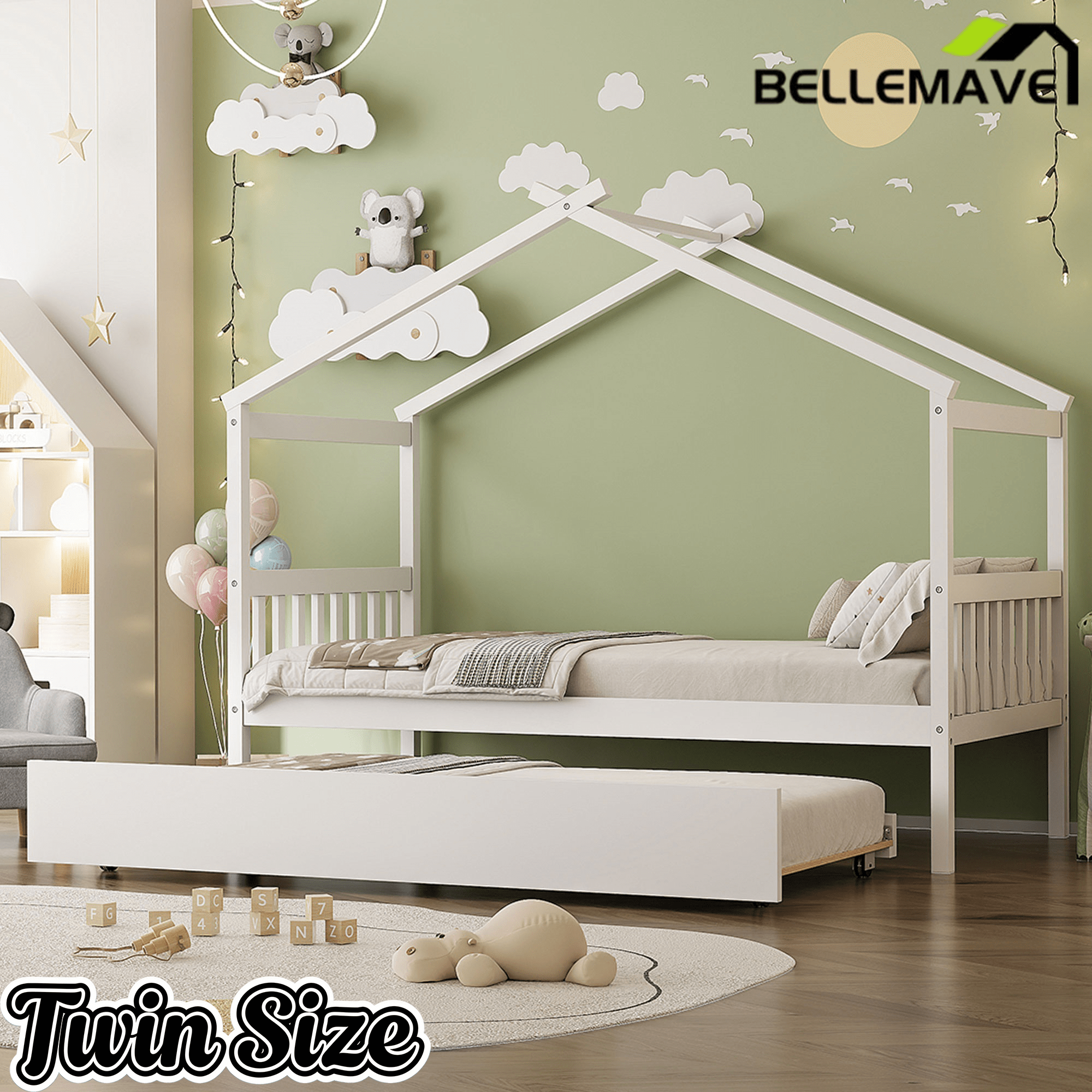 Bellemave® House Bed with Trundle, Montessori House Bed with Roof Design, Wood Daybed Frame, No Box Spring Needed - Bellemave