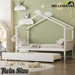 Bellemave® House Bed with Trundle, Montessori House Bed with Roof Design, Wood Daybed Frame, No Box Spring Needed - Bellemave