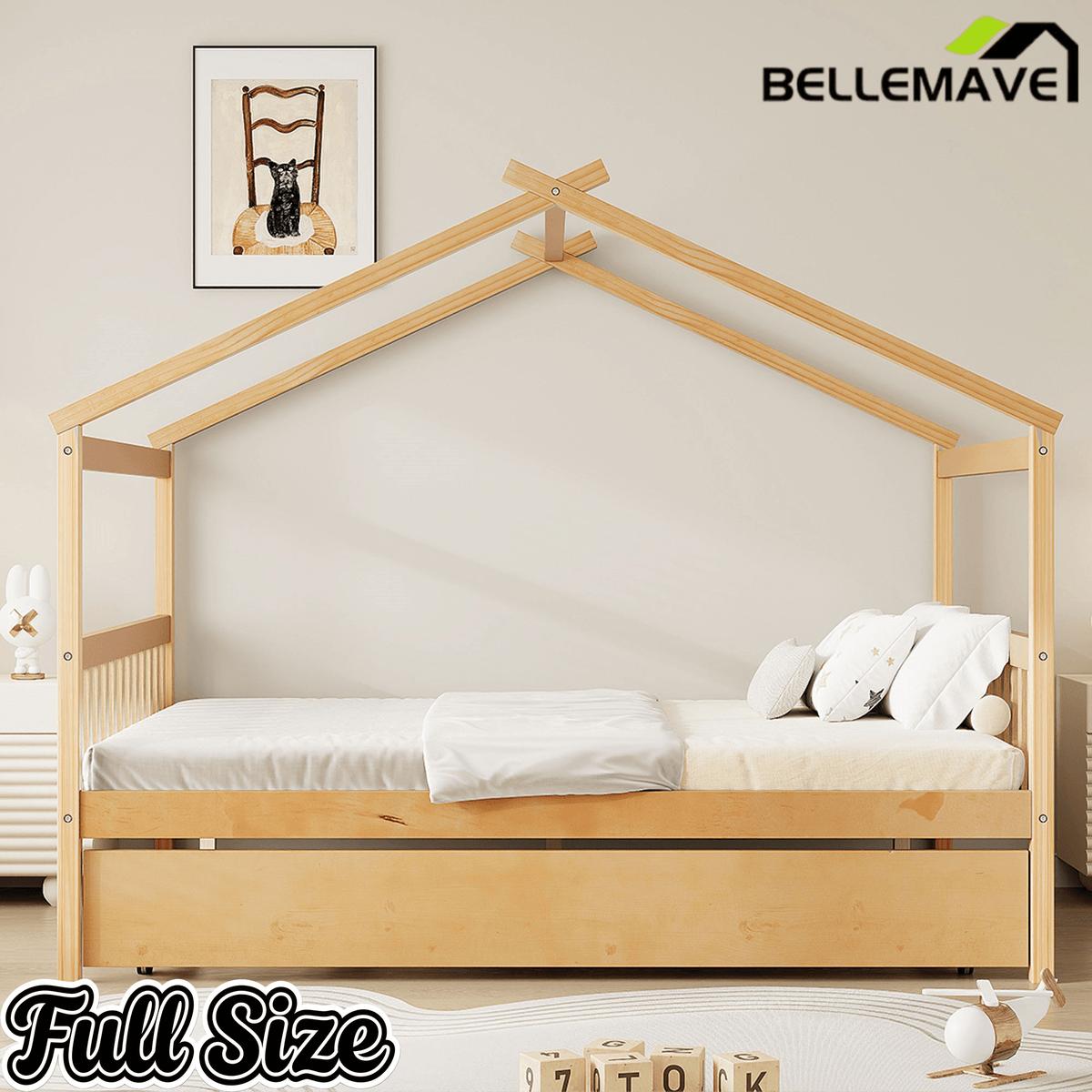 Bellemave® House Bed with Trundle, Montessori House Bed with Roof Design, Wood Daybed Frame, No Box Spring Needed - Bellemave