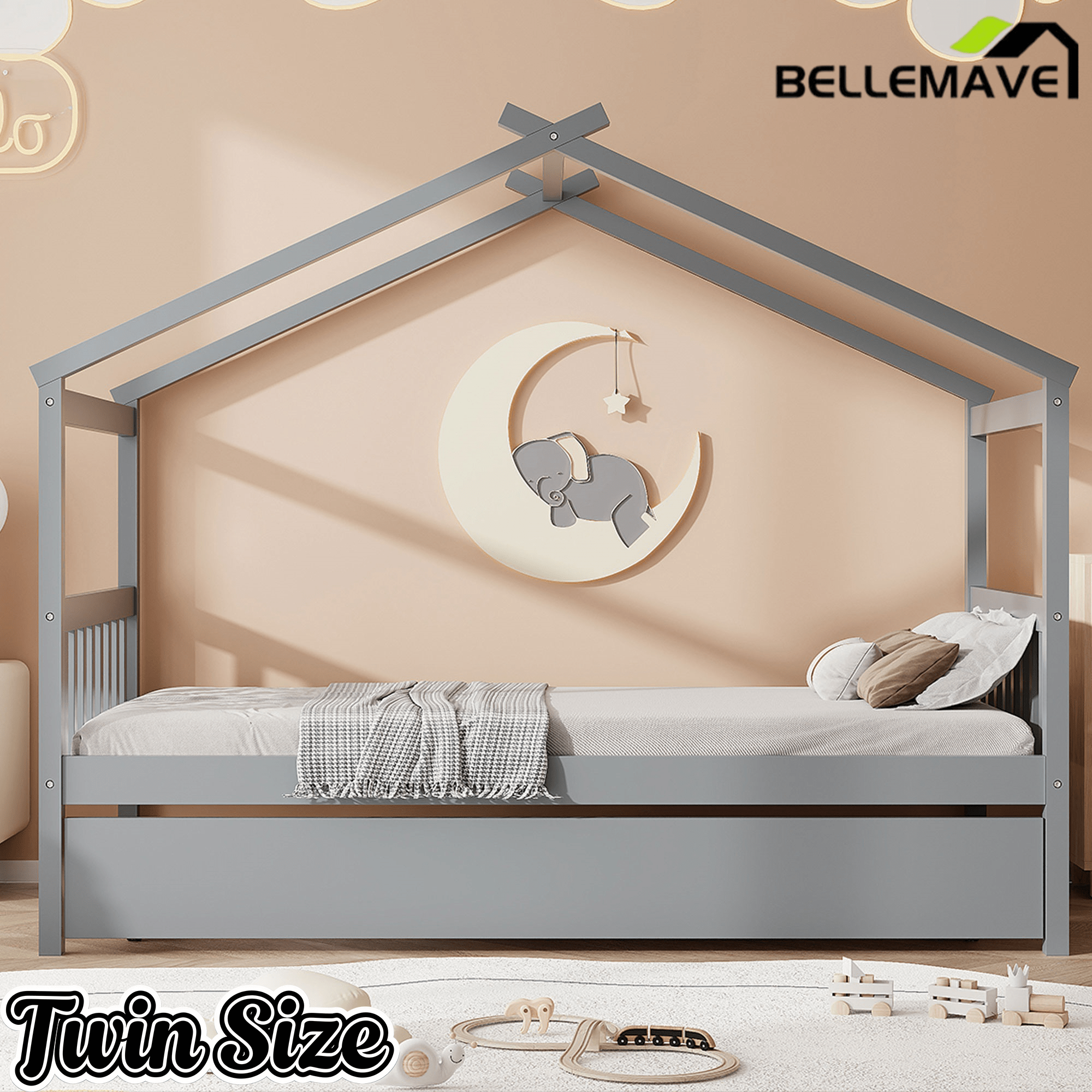 Bellemave® House Bed with Trundle, Montessori House Bed with Roof Design, Wood Daybed Frame, No Box Spring Needed - Bellemave