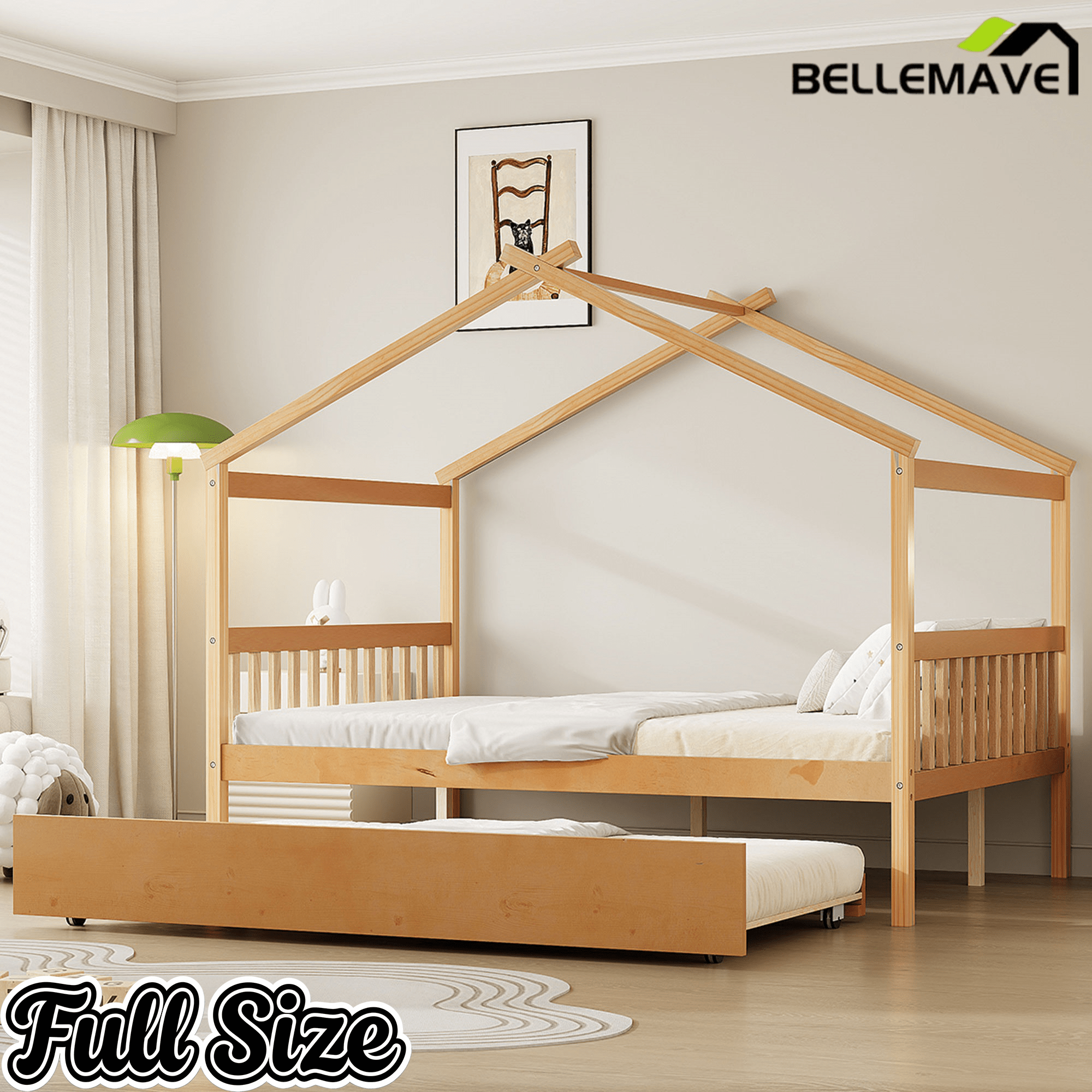 Bellemave® House Bed with Trundle, Montessori House Bed with Roof Design, Wood Daybed Frame, No Box Spring Needed - Bellemave