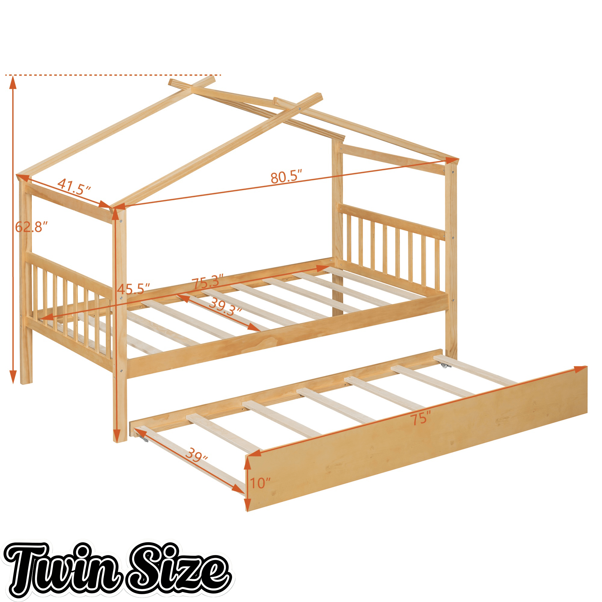 Bellemave® House Bed with Trundle, Montessori House Bed with Roof Design, Wood Daybed Frame, No Box Spring Needed - Bellemave