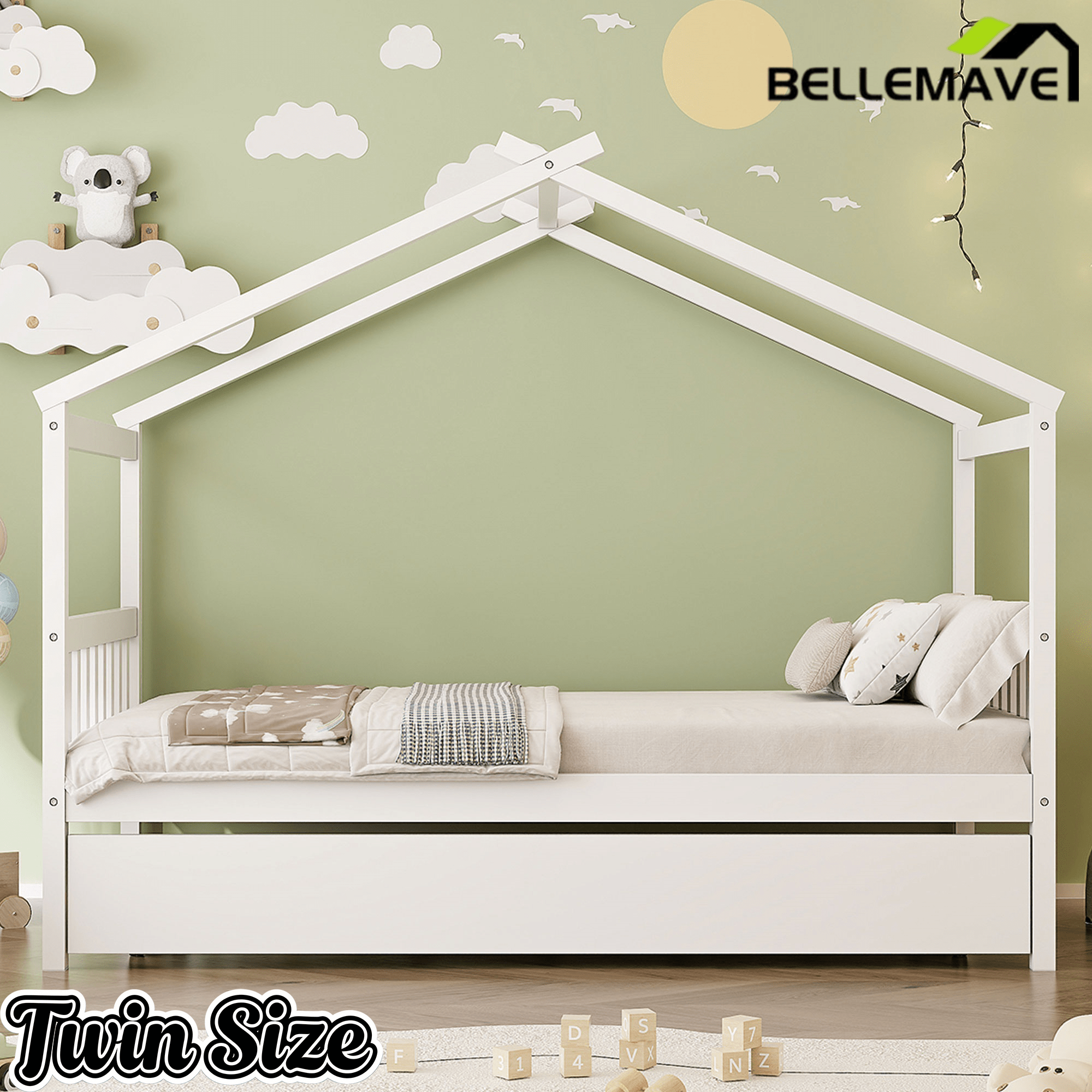 Bellemave® House Bed with Trundle, Montessori House Bed with Roof Design, Wood Daybed Frame, No Box Spring Needed - Bellemave