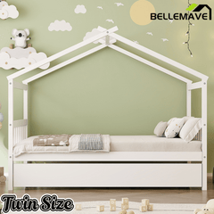 Bellemave® House Bed with Trundle, Montessori House Bed with Roof Design, Wood Daybed Frame, No Box Spring Needed - Bellemave