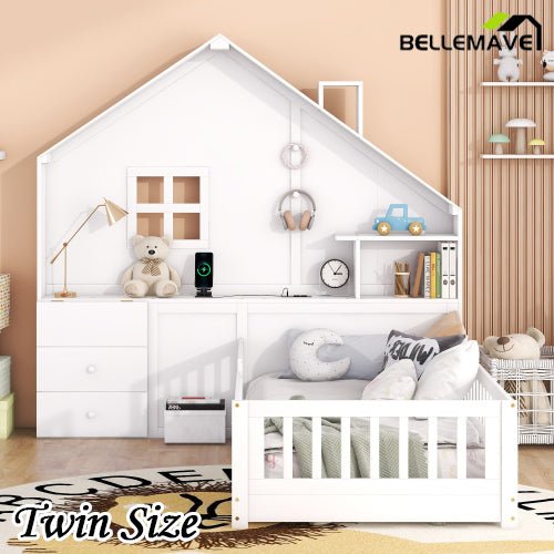 Bellemave® House Bed with Window and Bedside Drawers, Shelves and a set of Sockets and USB Port - Bellemave