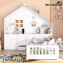 Bellemave® House Bed with Window and Bedside Drawers, Shelves and a set of Sockets and USB Port - Bellemave