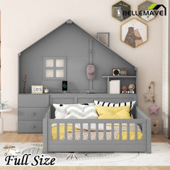 Bellemave® House Bed with Window and Bedside Drawers, Shelves and a set of Sockets and USB Port - Bellemave