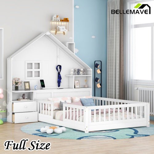 Bellemave® House Bed with Window and Bedside Drawers, Shelves and a set of Sockets and USB Port - Bellemave