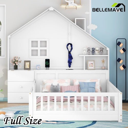 Bellemave® House Bed with Window and Bedside Drawers, Shelves and a set of Sockets and USB Port - Bellemave