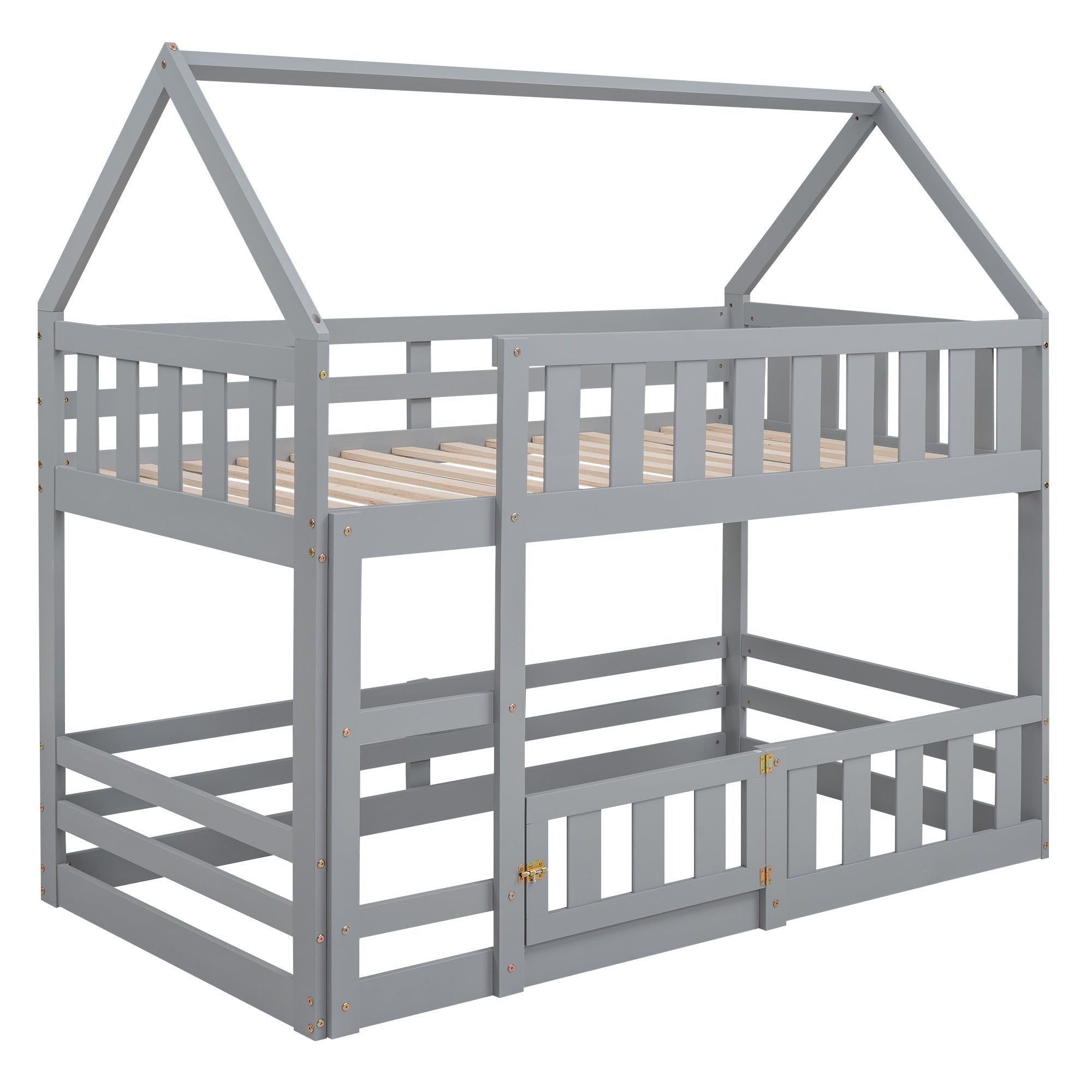 Bellemave House Bunk Bed for Kids, Twin Over Twin Floor Bunk Bed with Fence Railings and Door, Wooden Convertible Playhouse Loft Beds with Ladder for Boys Girls Teens, Gray - Bellemave