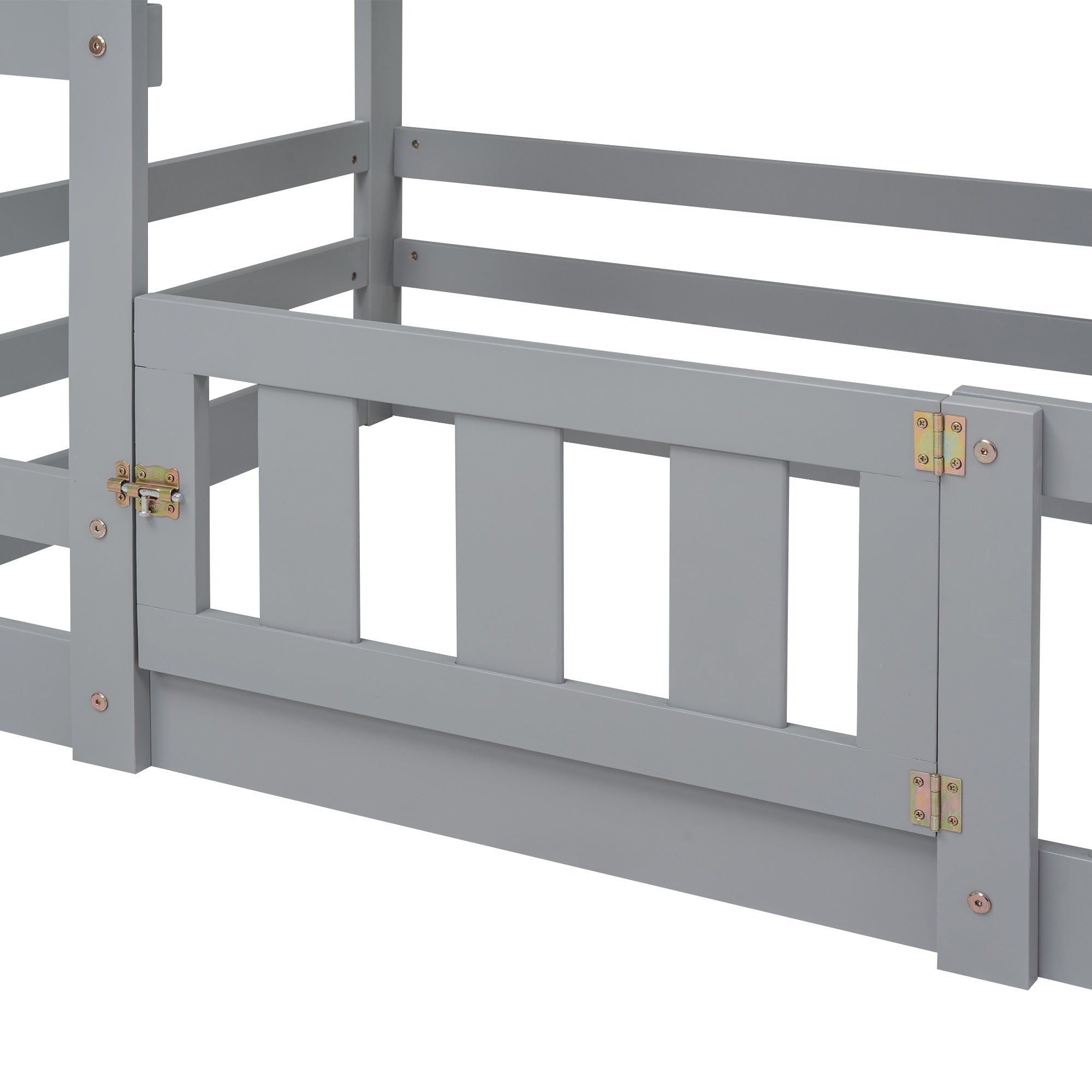 Bellemave House Bunk Bed for Kids, Twin Over Twin Floor Bunk Bed with Fence Railings and Door, Wooden Convertible Playhouse Loft Beds with Ladder for Boys Girls Teens, Gray - Bellemave