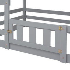 Bellemave House Bunk Bed for Kids, Twin Over Twin Floor Bunk Bed with Fence Railings and Door, Wooden Convertible Playhouse Loft Beds with Ladder for Boys Girls Teens, Gray - Bellemave