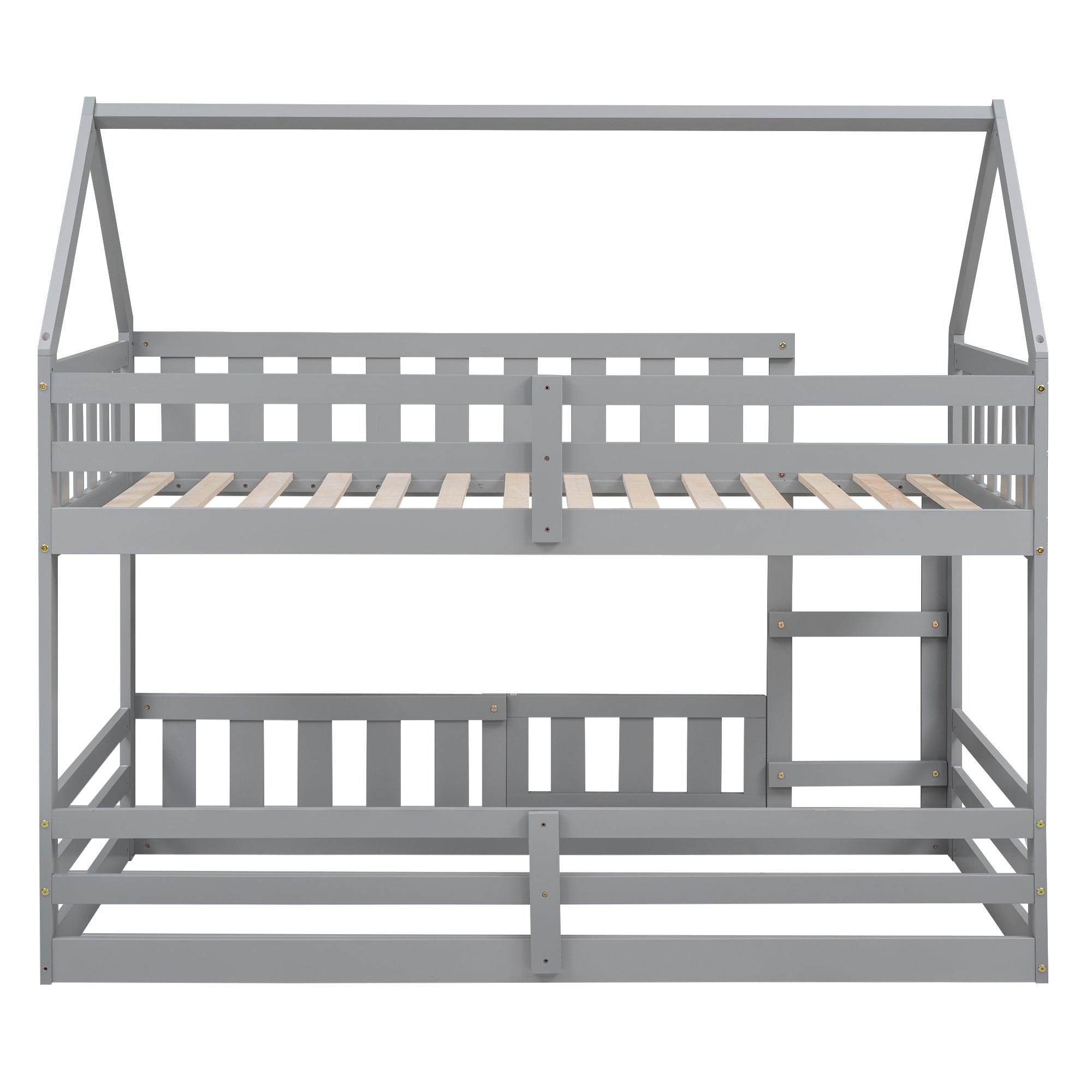 Bellemave House Bunk Bed for Kids, Twin Over Twin Floor Bunk Bed with Fence Railings and Door, Wooden Convertible Playhouse Loft Beds with Ladder for Boys Girls Teens, Gray - Bellemave
