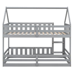 Bellemave House Bunk Bed for Kids, Twin Over Twin Floor Bunk Bed with Fence Railings and Door, Wooden Convertible Playhouse Loft Beds with Ladder for Boys Girls Teens, Gray - Bellemave