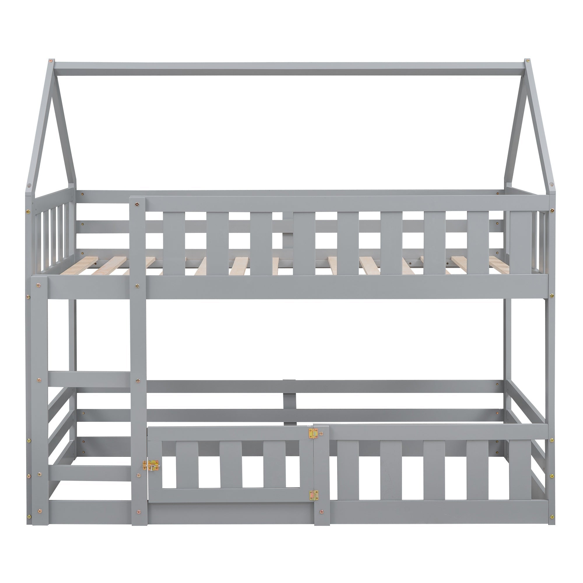 Bellemave House Bunk Bed for Kids, Twin Over Twin Floor Bunk Bed with Fence Railings and Door, Wooden Convertible Playhouse Loft Beds with Ladder for Boys Girls Teens, Gray - Bellemave