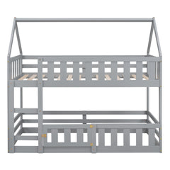 Bellemave House Bunk Bed for Kids, Twin Over Twin Floor Bunk Bed with Fence Railings and Door, Wooden Convertible Playhouse Loft Beds with Ladder for Boys Girls Teens, Gray - Bellemave
