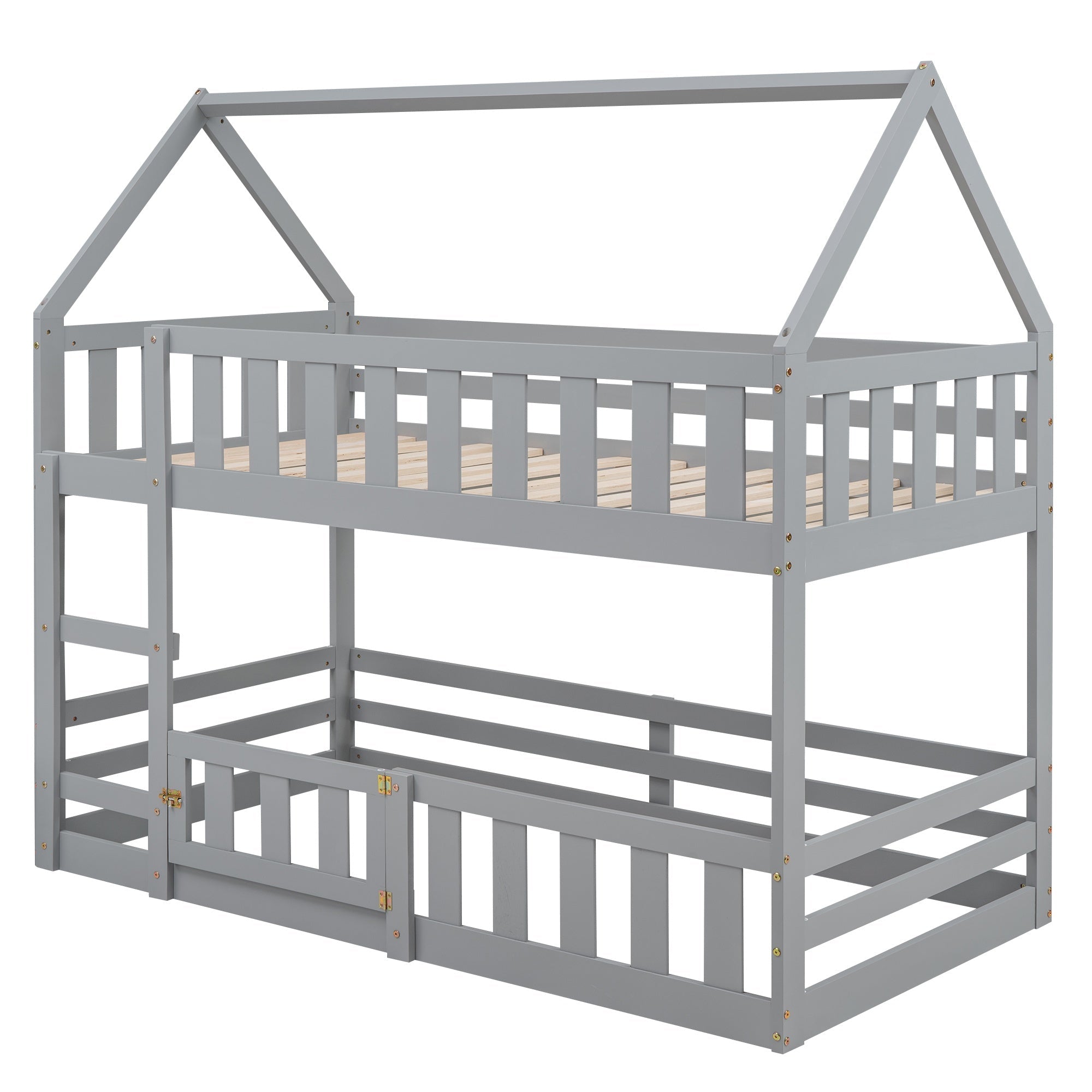 Bellemave House Bunk Bed for Kids, Twin Over Twin Floor Bunk Bed with Fence Railings and Door, Wooden Convertible Playhouse Loft Beds with Ladder for Boys Girls Teens, Gray - Bellemave