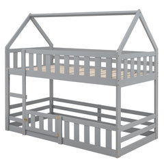 Bellemave House Bunk Bed for Kids, Twin Over Twin Floor Bunk Bed with Fence Railings and Door, Wooden Convertible Playhouse Loft Beds with Ladder for Boys Girls Teens, Gray - Bellemave