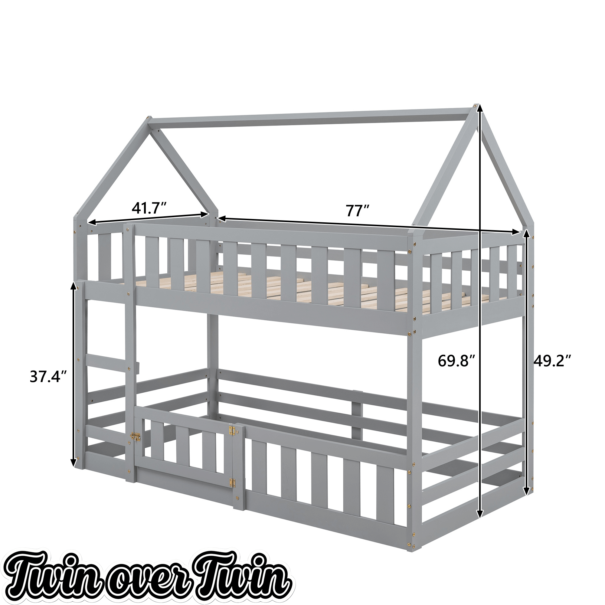 Bellemave House Bunk Bed for Kids, Twin Over Twin Floor Bunk Bed with Fence Railings and Door, Wooden Convertible Playhouse Loft Beds with Ladder for Boys Girls Teens, Gray - Bellemave