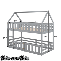 Bellemave House Bunk Bed for Kids, Twin Over Twin Floor Bunk Bed with Fence Railings and Door, Wooden Convertible Playhouse Loft Beds with Ladder for Boys Girls Teens, Gray - Bellemave