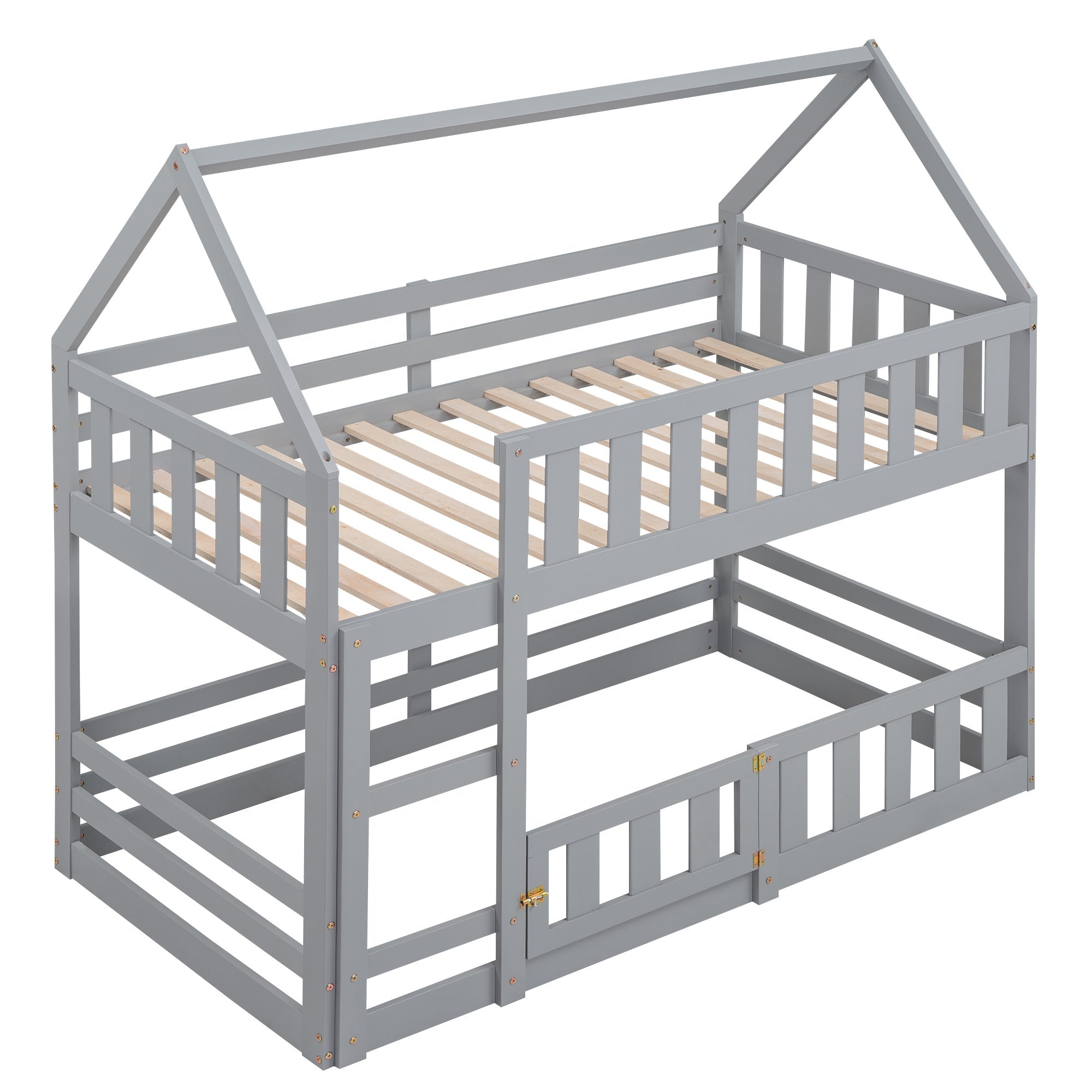 Bellemave House Bunk Bed for Kids, Twin Over Twin Floor Bunk Bed with Fence Railings and Door, Wooden Convertible Playhouse Loft Beds with Ladder for Boys Girls Teens, Gray - Bellemave