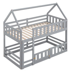 Bellemave House Bunk Bed for Kids, Twin Over Twin Floor Bunk Bed with Fence Railings and Door, Wooden Convertible Playhouse Loft Beds with Ladder for Boys Girls Teens, Gray - Bellemave