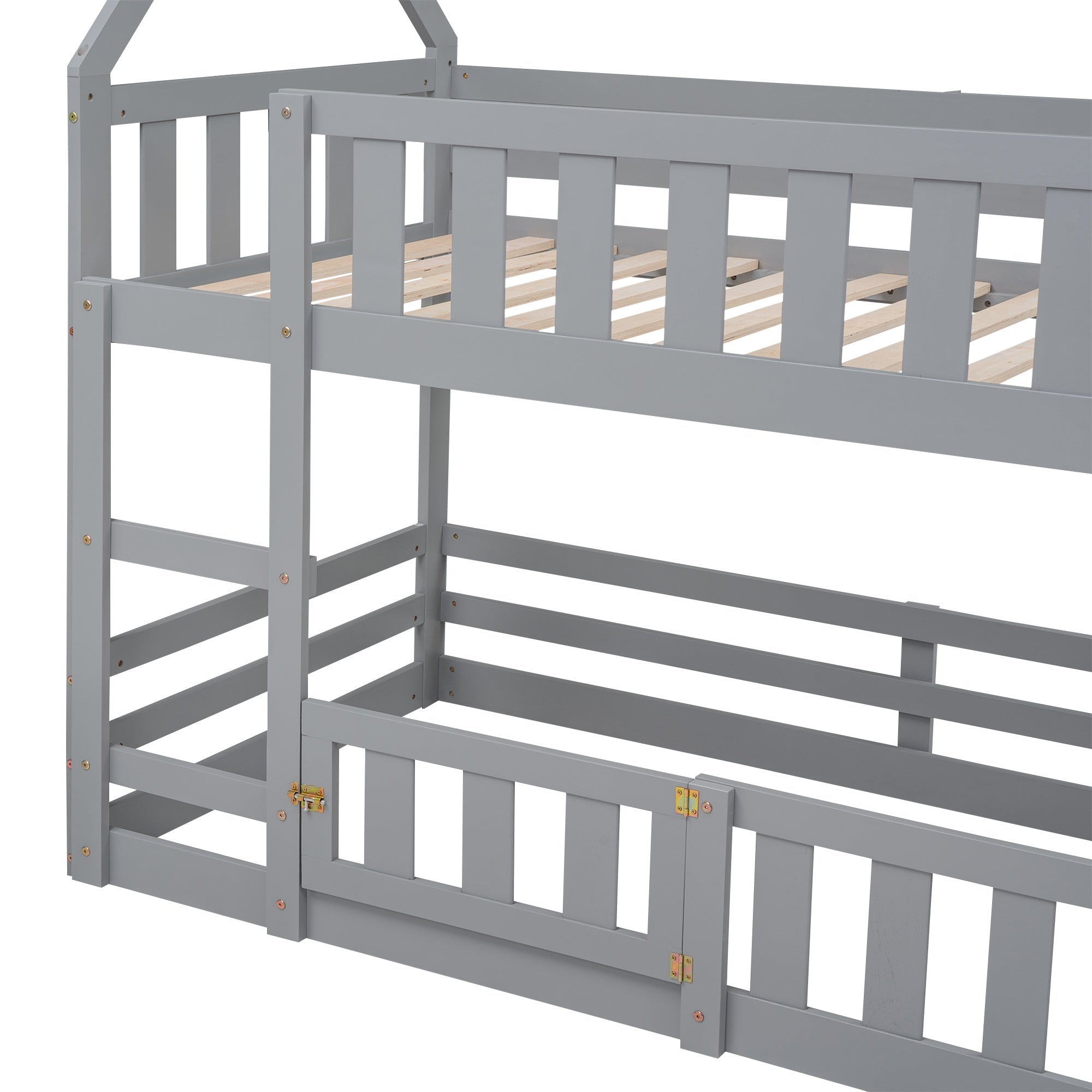 Bellemave House Bunk Bed for Kids, Twin Over Twin Floor Bunk Bed with Fence Railings and Door, Wooden Convertible Playhouse Loft Beds with Ladder for Boys Girls Teens, Gray - Bellemave