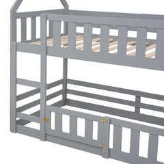 Bellemave House Bunk Bed for Kids, Twin Over Twin Floor Bunk Bed with Fence Railings and Door, Wooden Convertible Playhouse Loft Beds with Ladder for Boys Girls Teens, Gray - Bellemave