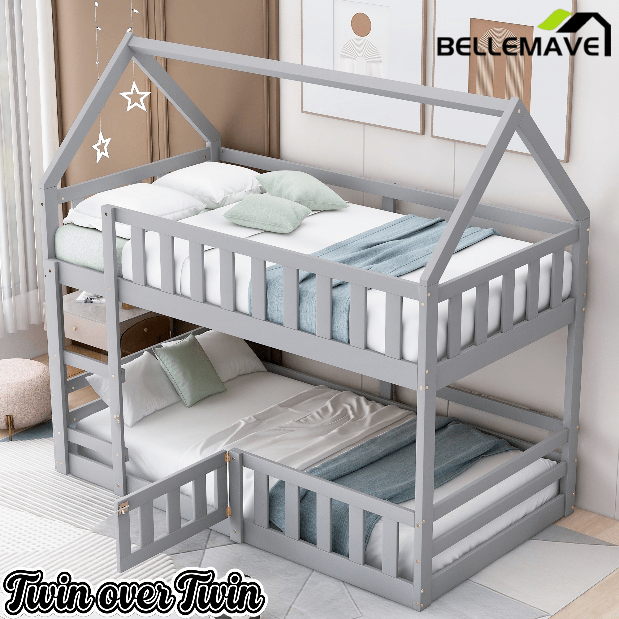 Bellemave House Bunk Bed for Kids, Twin Over Twin Floor Bunk Bed with Fence Railings and Door, Wooden Convertible Playhouse Loft Beds with Ladder for Boys Girls Teens, Gray - Bellemave