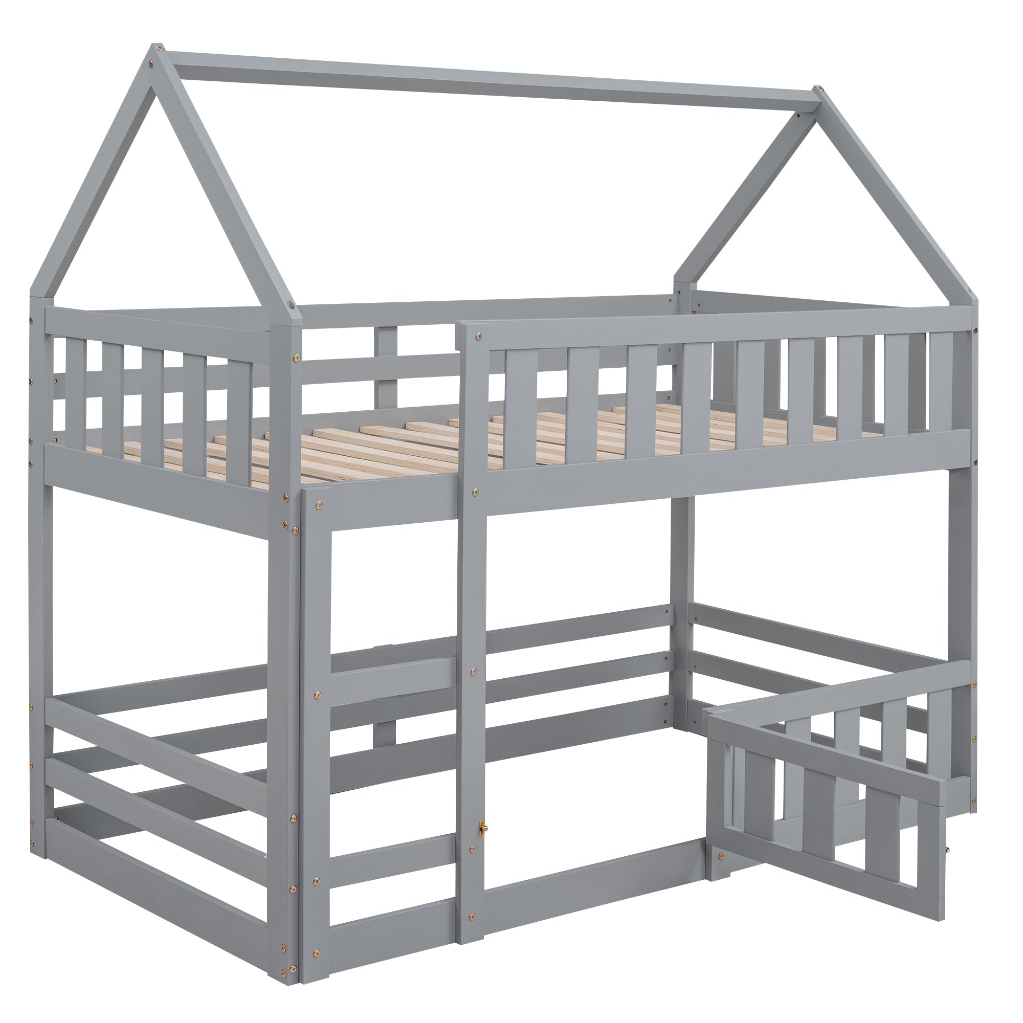 Bellemave House Bunk Bed for Kids, Twin Over Twin Floor Bunk Bed with Fence Railings and Door, Wooden Convertible Playhouse Loft Beds with Ladder for Boys Girls Teens, Gray - Bellemave