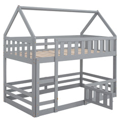 Bellemave House Bunk Bed for Kids, Twin Over Twin Floor Bunk Bed with Fence Railings and Door, Wooden Convertible Playhouse Loft Beds with Ladder for Boys Girls Teens, Gray - Bellemave