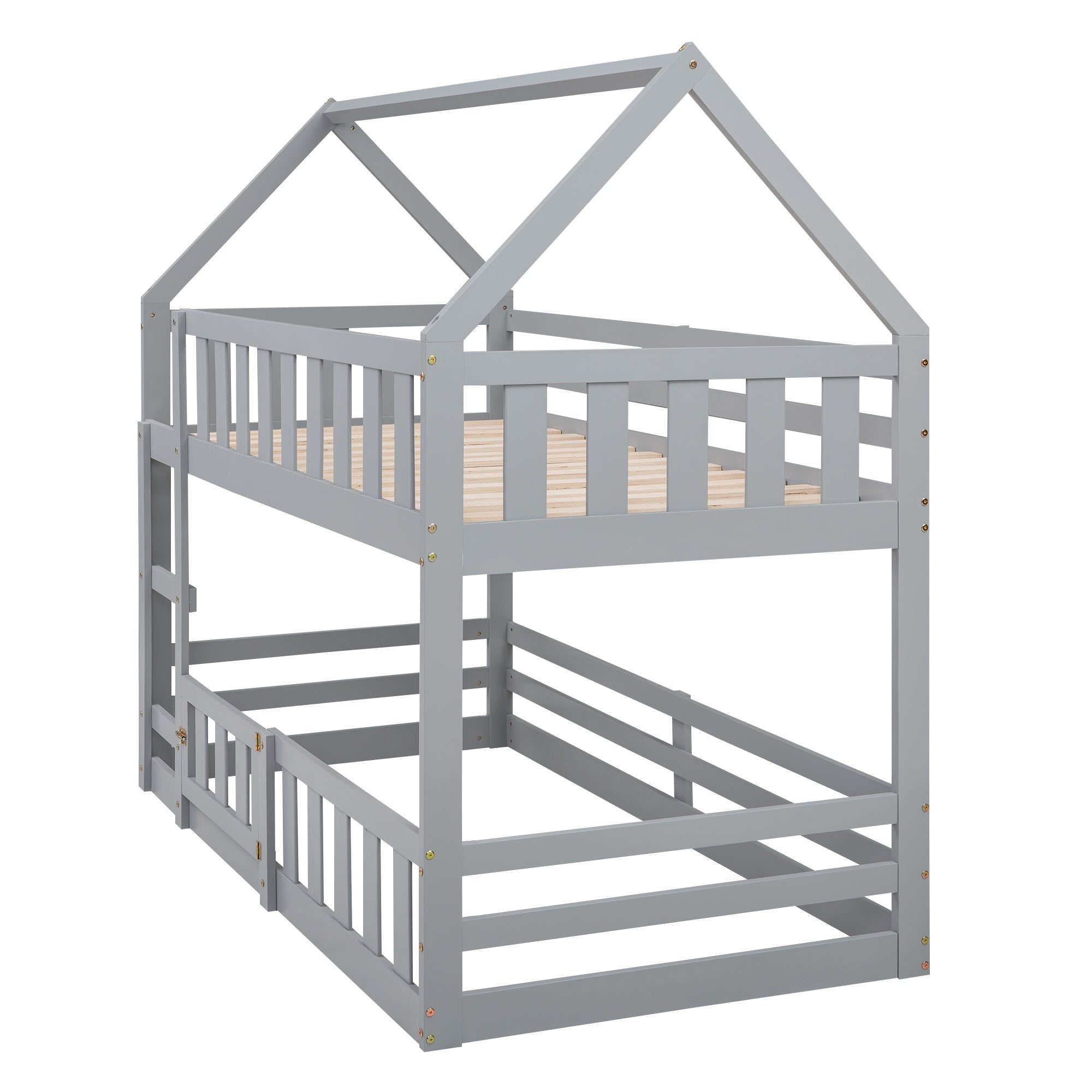 Bellemave House Bunk Bed for Kids, Twin Over Twin Floor Bunk Bed with Fence Railings and Door, Wooden Convertible Playhouse Loft Beds with Ladder for Boys Girls Teens, Gray - Bellemave
