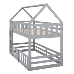 Bellemave House Bunk Bed for Kids, Twin Over Twin Floor Bunk Bed with Fence Railings and Door, Wooden Convertible Playhouse Loft Beds with Ladder for Boys Girls Teens, Gray - Bellemave