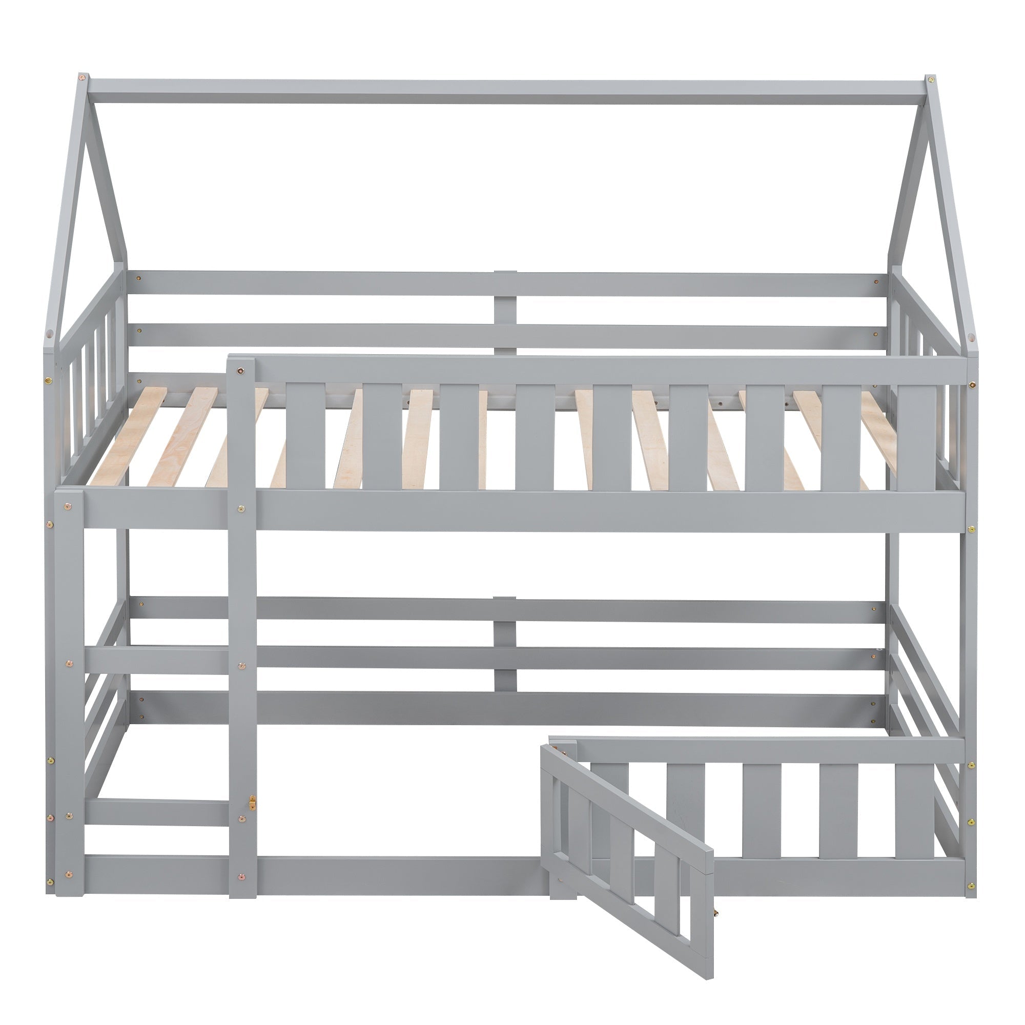 Bellemave House Bunk Bed for Kids, Twin Over Twin Floor Bunk Bed with Fence Railings and Door, Wooden Convertible Playhouse Loft Beds with Ladder for Boys Girls Teens, Gray - Bellemave