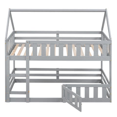 Bellemave House Bunk Bed for Kids, Twin Over Twin Floor Bunk Bed with Fence Railings and Door, Wooden Convertible Playhouse Loft Beds with Ladder for Boys Girls Teens, Gray - Bellemave