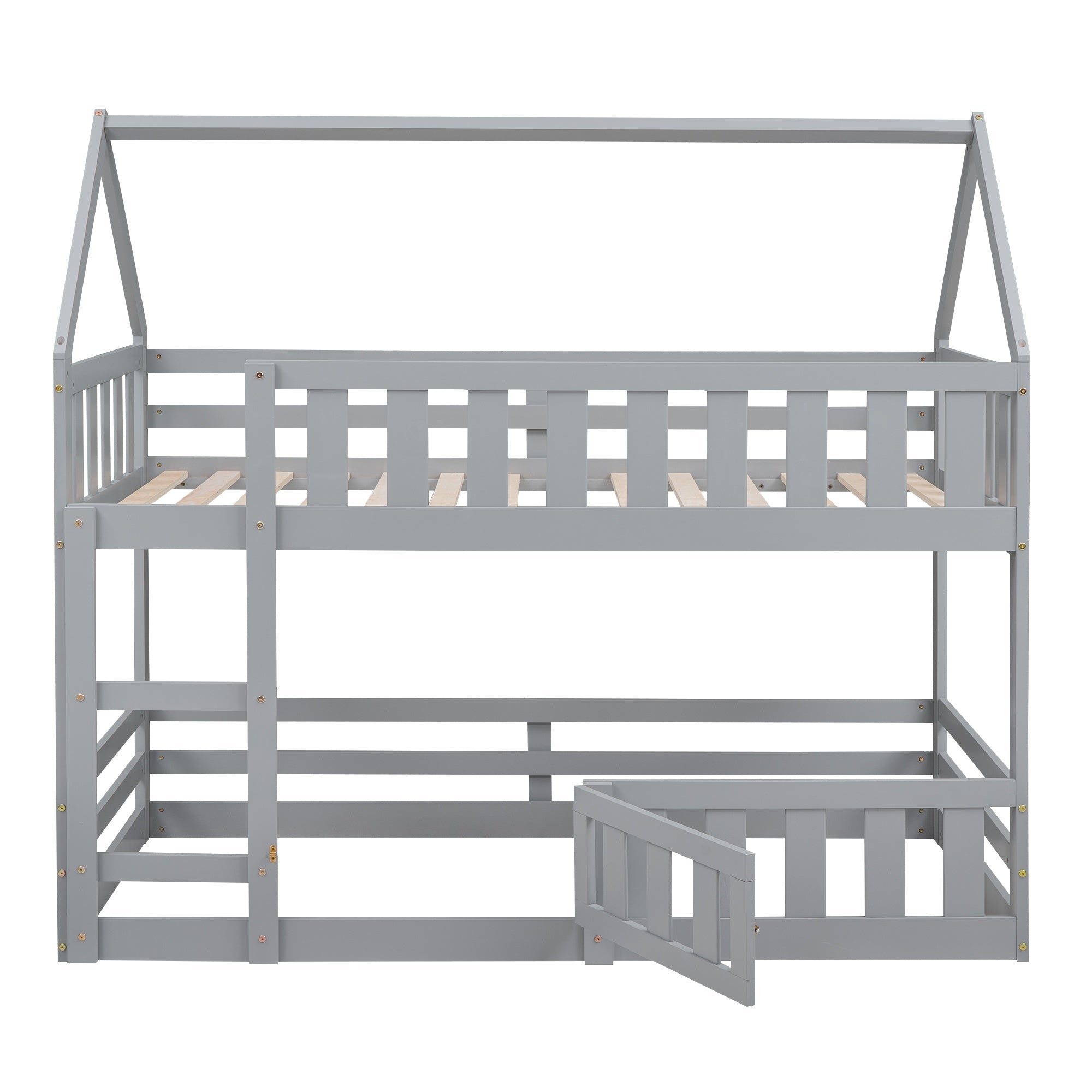 Bellemave House Bunk Bed for Kids, Twin Over Twin Floor Bunk Bed with Fence Railings and Door, Wooden Convertible Playhouse Loft Beds with Ladder for Boys Girls Teens, Gray - Bellemave
