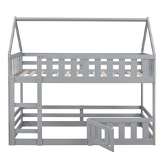 Bellemave House Bunk Bed for Kids, Twin Over Twin Floor Bunk Bed with Fence Railings and Door, Wooden Convertible Playhouse Loft Beds with Ladder for Boys Girls Teens, Gray - Bellemave