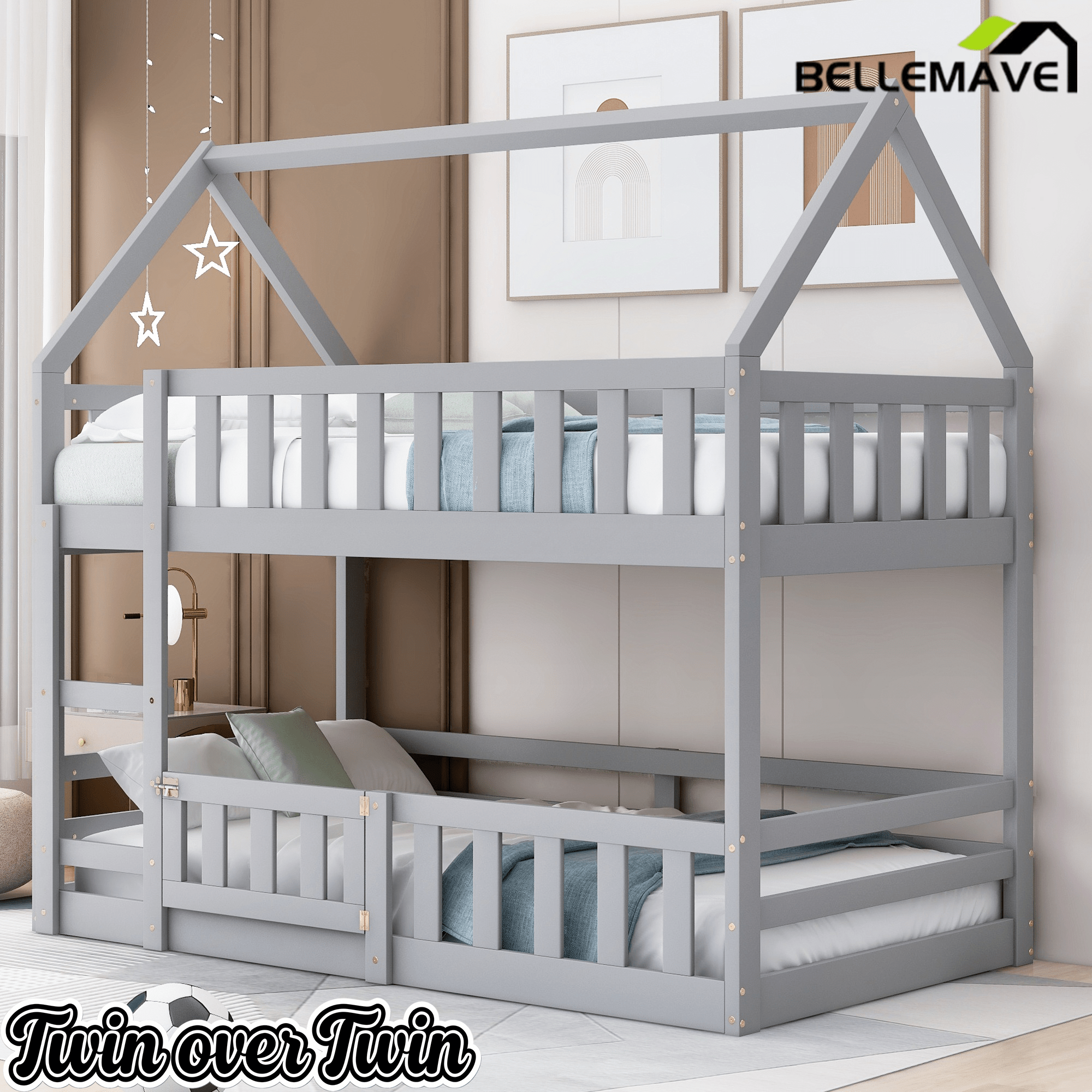Bellemave House Bunk Bed for Kids, Twin Over Twin Floor Bunk Bed with Fence Railings and Door, Wooden Convertible Playhouse Loft Beds with Ladder for Boys Girls Teens, Gray - Bellemave