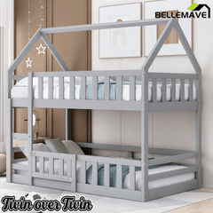 Bellemave House Bunk Bed for Kids, Twin Over Twin Floor Bunk Bed with Fence Railings and Door, Wooden Convertible Playhouse Loft Beds with Ladder for Boys Girls Teens, Gray - Bellemave
