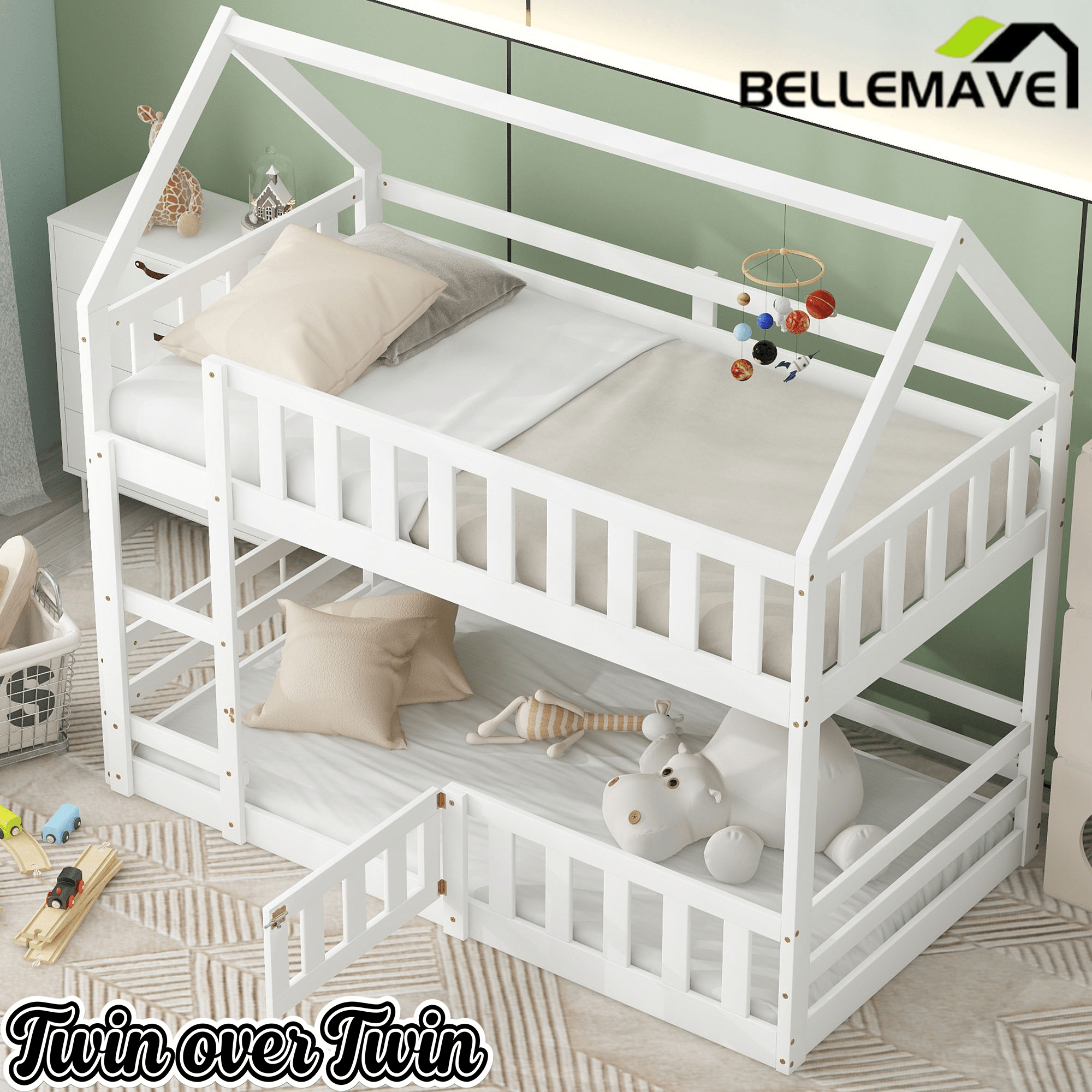 Bellemave House Bunk Bed for Kids, Twin Over Twin Floor Bunk Bed with Fence Railings and Door, Wooden Convertible Playhouse Loft Beds with Ladder for Boys Girls Teens, Gray - Bellemave