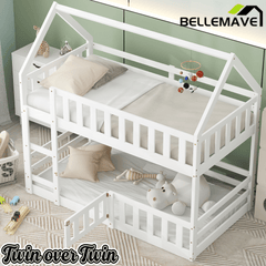 Bellemave House Bunk Bed for Kids, Twin Over Twin Floor Bunk Bed with Fence Railings and Door, Wooden Convertible Playhouse Loft Beds with Ladder for Boys Girls Teens, Gray - Bellemave