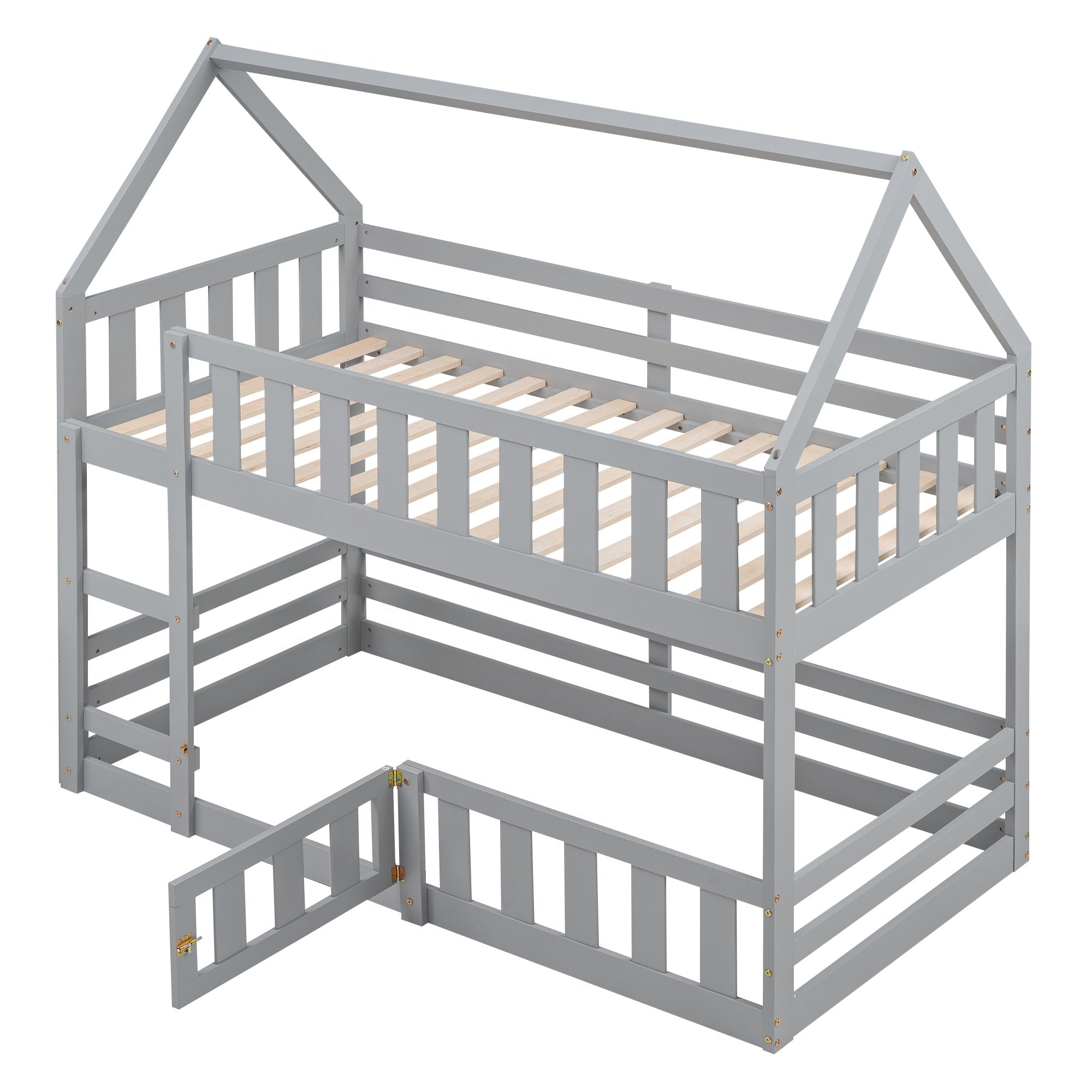 Bellemave House Bunk Bed for Kids, Twin Over Twin Floor Bunk Bed with Fence Railings and Door, Wooden Convertible Playhouse Loft Beds with Ladder for Boys Girls Teens, Gray - Bellemave