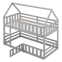 Bellemave House Bunk Bed for Kids, Twin Over Twin Floor Bunk Bed with Fence Railings and Door, Wooden Convertible Playhouse Loft Beds with Ladder for Boys Girls Teens, Gray - Bellemave
