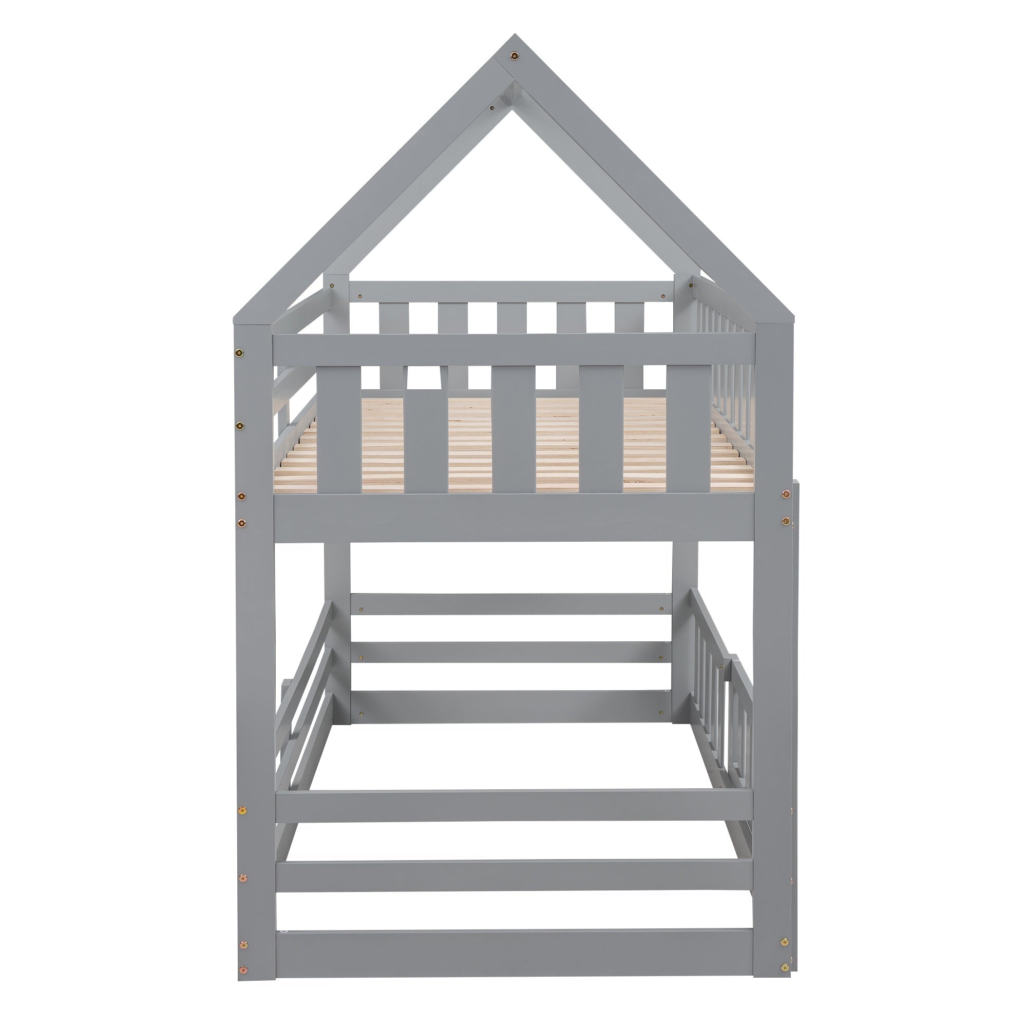 Bellemave House Bunk Bed for Kids, Twin Over Twin Floor Bunk Bed with Fence Railings and Door, Wooden Convertible Playhouse Loft Beds with Ladder for Boys Girls Teens, Gray - Bellemave