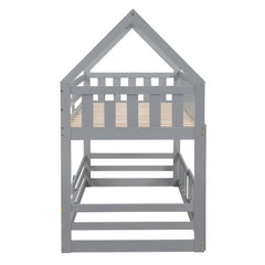 Bellemave House Bunk Bed for Kids, Twin Over Twin Floor Bunk Bed with Fence Railings and Door, Wooden Convertible Playhouse Loft Beds with Ladder for Boys Girls Teens, Gray - Bellemave