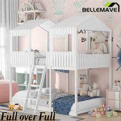 Bellemave® House Bunk Bed with Roof & Window, Full Over Full Floor Bunk Bed with Ladder & Guardrails for Kids, No Box Spring Needed - Bellemave