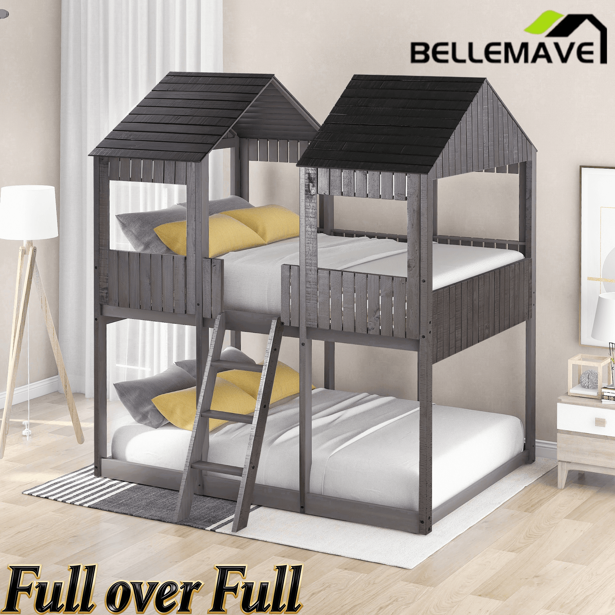 Bellemave® House Bunk Bed with Roof & Window, Full Over Full Floor Bunk Bed with Ladder & Guardrails for Kids, No Box Spring Needed - Bellemave